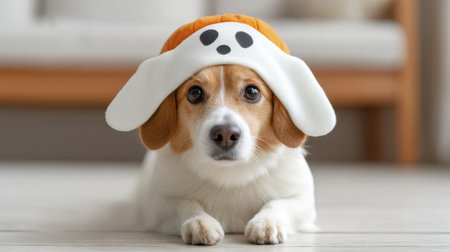 This cute dog in a Halloween ghost costume lies on the floor, bringing joy to any festive occasion. Perfect for seasonal decorations and pet lovers.の素材