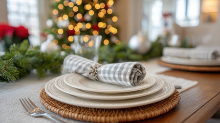 Discover a beautifully set dining room table, elegantly decorated for a festive occasion. Enjoy the cozy atmosphere filled with warmth and holiday cheer.の素材