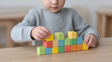 A young child is engaged in a creative activity, using colorful puzzle blocks to build and arrange shapes, fostering imagination and cognitive skills.の素材