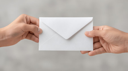 Two hands engaged in a seamless exchange of a white envelope, capturing the essence of professional communication and connection in a thoughtful manner.の素材