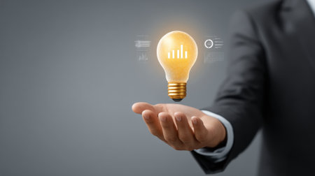 A professional hand raised, holding a shining light bulb symbolizes innovation and data-driven ideas in a modern business setting. Perfect for technology themes.の素材