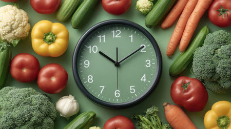 A vibrant arrangement of fresh vegetables surrounding a clock emphasizes the importance of healthy eating and time in meal preparation. Perfect for nutrition and lifestyle concepts.の素材