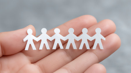 A person's hand gently holds a paper cutout chain of figures, representing unity and togetherness. This image captures the essence of community, cooperation, and support.の素材
