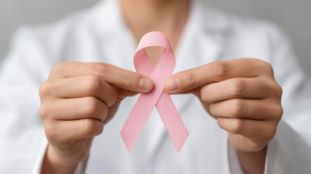 A healthcare professional demonstrates a pink ribbon, symbolizing health awareness and support for crucial initiatives, embodying compassion and advocacy in the medical field.の素材