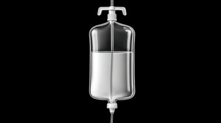 A clear IV drip bag filled with liquid and attached tubing, displayed against a black background. Ideal for healthcare and medical related projects.の素材