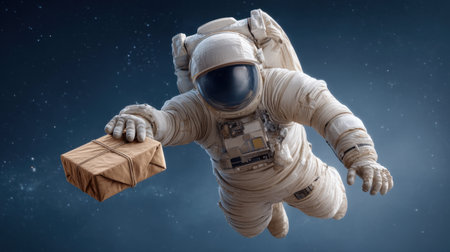An astronaut floats gracefully in space, gently holding a parcel, surrounded by a backdrop of shimmering stars, embodying the spirit of adventure and discovery.の素材
