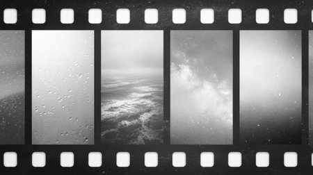 This vintage grayscale filmstrip features various scenic elements, including water and clouds, capturing the essence of nature's atmospheric beauty in a nostalgic style.の素材