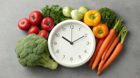 This image showcases a vibrant arrangement of fresh assorted vegetables including broccoli, carrots, and tomatoes, positioned alongside a clock, symbolizing the importance of meal timing.の素材