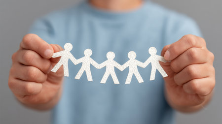 A person is holding a chain of paper cutout figures, symbolizing unity and connection. The soft focus background enhances the idea of togetherness and support.の素材