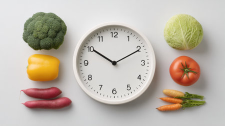 A creative composition of fresh assorted vegetables arranged around a clock, symbolizing meal timing and healthy eating. Perfect for culinary and lifestyle themes.の素材
