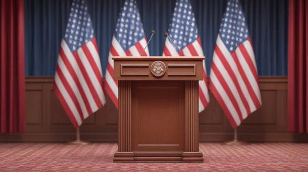 A polished wooden podium stands ready for an election speech, proudly flanked by multiple American flags in a formal setting, capturing the essence of democratic communication.の素材