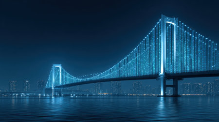 A stunning illuminated bridge at night, visualizing digital code and information flow. The vibrant blue lights reflect over the water, creating a high-tech urban ambiance.の素材