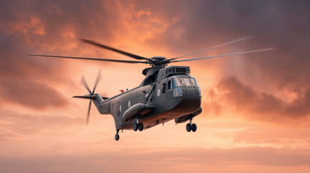 A captivating helicopter in flight at dusk, captured against a stunning sunset sky, showcasing the interplay of light and clouds in a serene atmosphere of aviation beauty.の素材