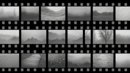 A captivating grayscale filmstrip featuring a collection of various scenic negatives. This artistic arrangement captures nature's beauty through moody textures and reflections.の素材
