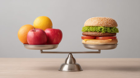 A striking visual metaphor showing a scale balancing fresh fruits against a burger, symbolizing dietary choices and the contrast between healthy and indulgent eating.の素材