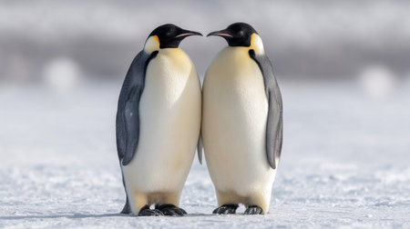 Two emperor penguins stand close together in the snow, symbolizing love and connection in their natural, icy habitat. This captivating moment showcases the beauty of wildlife.の素材