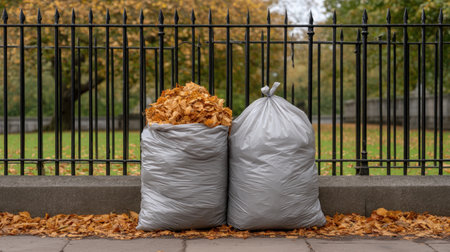 Two grey plastic bags filled with fallen leaves rest by an old metal fence in a city park, showcasing the beauty of autumn and the effort of outdoor maintenance.の素材