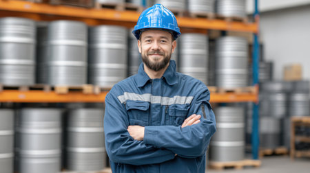 A confident warehouse worker wearing a blue helmet stands with arms crossed in an industrial setting, surrounded by stacked barrels in a bright, safe environment.の素材