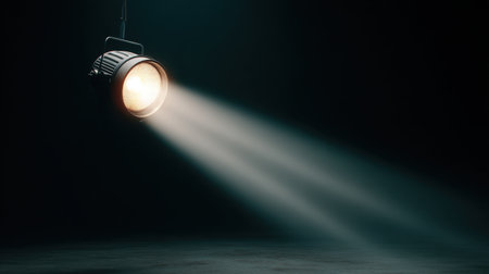 This striking image features a spotlight beaming light from the right side, creating dramatic effects in a dark environment, ideal for theatrical or creative themes.の素材