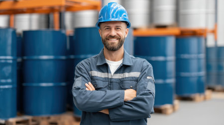 A confident warehouse worker in a blue hard hat and uniform smiles proudly in an organized industrial space filled with blue barrels, showcasing dedication and professionalism.の素材