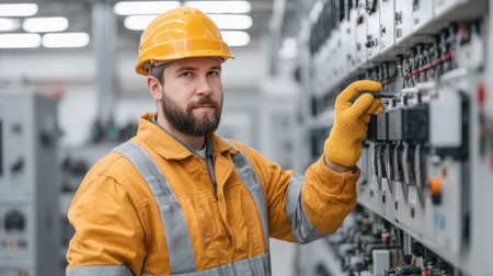 A skilled engineer in a hard hat and gloves conducts checks on transformers and wiring systems, ensuring safety and efficiency in a modern industrial setting.の素材