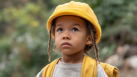 A child wearing a bright yellow hard hat and backpack gazes away thoughtfully in a serene outdoor setting, embodying curiosity and wonder in nature.の素材