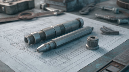 Explore a mechanic workspace featuring precision tools and detailed blueprints. Ideal for showcasing engineering projects or technical crafts in industrial settings.の素材