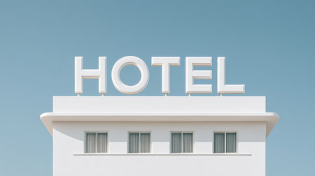 A large white hotel sign prominently displayed against a bright blue sky, showcasing modern architectural design in a clean and inviting exterior view.の素材