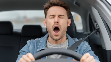 A young man yawns while driving, showing fatigue in a modern car's interior. His hands grip the steering wheel as he focuses on the road ahead, capturing real-life moments.の素材