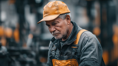 A dedicated craftsman meticulously repairs an industrial vehicle in a workshop, showcasing the skill and attention required for quality workmanship.の素材