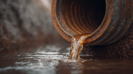 A detailed close-up of water streaming from a rusty sewer pipe, creating ripples in a dark tunnel, highlighting environmental elements and industrial textures.の素材