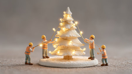 A charming scene featuring tiny workers decorating a holiday tree with sparkling gold lights, showcasing teamwork and joy in festive preparations for the holiday season.の素材