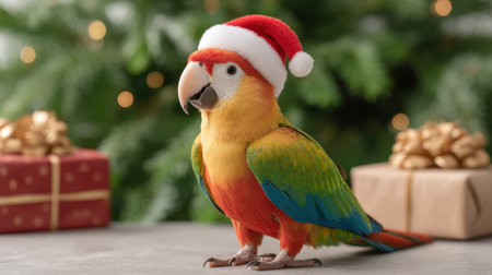 A vibrant parrot wearing a Santa hat adds charm to a festive scene with wrapped gifts and holiday decorations, perfect for cheerful Christmas imagery.の素材
