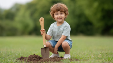 A cheerful young boy engages in a tree planting activity in a vibrant green meadow, showcasing a connection to nature and the joy of environmental stewardship.の素材