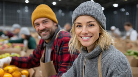 A joyful gathering of volunteers packing food boxes for distribution during a holiday evening event, fostering community spirit through charitable efforts.の素材