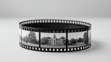 A captivating black and white film roll featuring stunning landscapes with trees, ideal for artistic projects and nostalgic themes in photography and design.の素材
