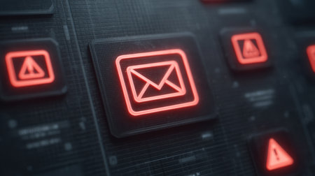 This digital artwork presents a cautionary email concept, featuring neon envelopes and warning symbols on a sleek interface, highlighting security and communication themes.の素材