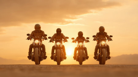 A striking image of bikers riding into the sunset, creating powerful silhouettes against a warm evening sky. This scene captures the essence of freedom and adventure.の素材