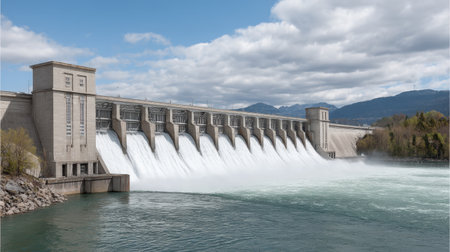 A stunning image of water gushing through turbines at a dam, surrounded by natural beauty, showcasing the power of hydroelectric energy and engineering marvels.の素材