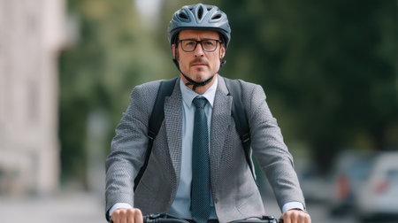 A businessman dressed in a suit and helmet rides a bicycle down an urban street, showcasing a blend of professionalism and active lifestyle in a modern city setting.の素材
