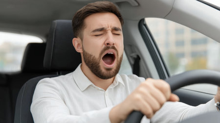 A young man yawns while driving a car, capturing a moment of fatigue and focus. His hands grip the steering wheel as he commutes through an urban landscape.の素材