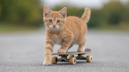 This delightful scene captures an adorable ginger kitten skateboarding along a road in a nature park, showcasing its playful spirit in a vibrant outdoor setting.の素材