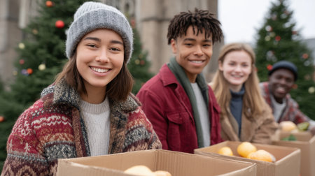 A group of joyful volunteers gathers outdoors, packing fresh food donations into boxes during the holiday season. Their smiles reflect community spirit and generosity.の素材