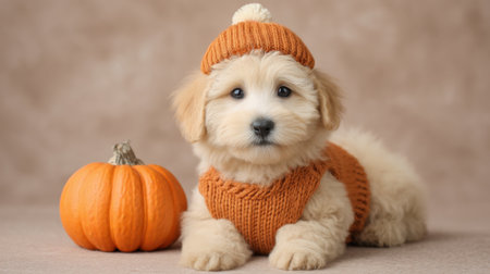 This charming puppy, dressed in an orange hat and sweater, showcases playful innocence next to a small pumpkin, perfect for autumn-themed celebrations and decorations.の素材