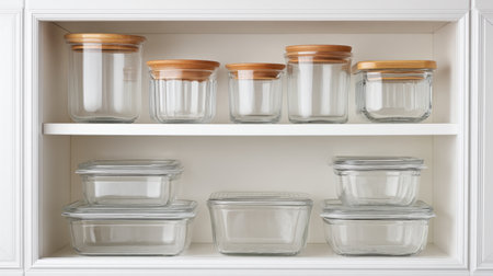 Elegant glass containers sit neatly stacked in a white cupboard, featuring wooden lids that enhance the modern kitchen's aesthetic and practicality for food storage.の素材