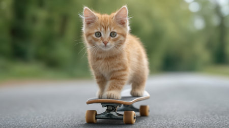 A charming ginger kitty skateboards confidently along a serene road in a lush park, embodying a playful spirit against a backdrop of vibrant nature and soft light.の素材