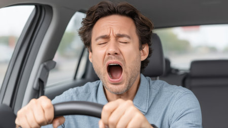 A man yawning while driving, showcasing a mix of fatigue and focus behind the wheel. Capture the essence of tiredness during a car journey in a realistic setting.の素材
