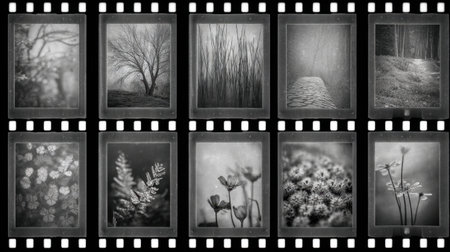 This vintage-inspired grayscale filmstrip showcases a collection of scenic images, capturing the beauty of nature with a tranquil and artistic touch.の素材