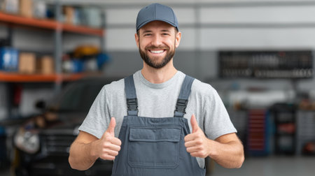 A cheerful male workshop participant gives a thumbs up while holding tools in hand, smiling confidently in an automotive workshop filled with equipment.の素材