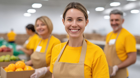 A group of enthusiastic volunteers prepares food boxes for distribution during a holiday evening event, showcasing the spirit of community and giving.の素材